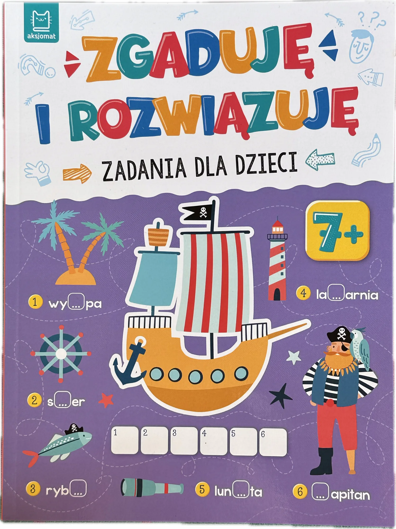 Okładka: książeczka edukacyjna łamigłówki rebusy labirynty krzyżówki karty pracy 7 8