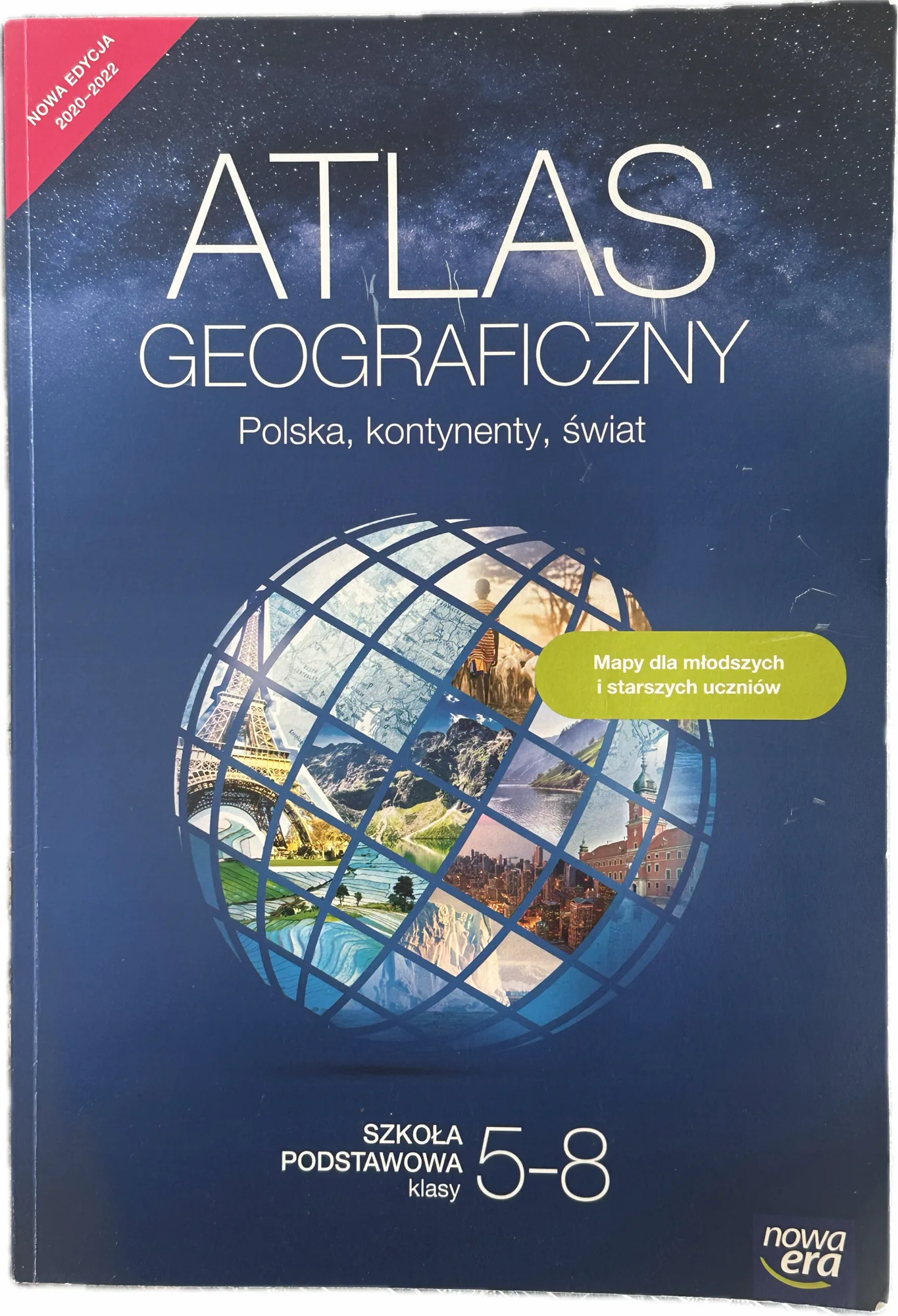 Okładka: ATLAS GEOGRAFICZNY KLASA 5 6 7 8 NOWA ERA SP Polska kontynenty świat