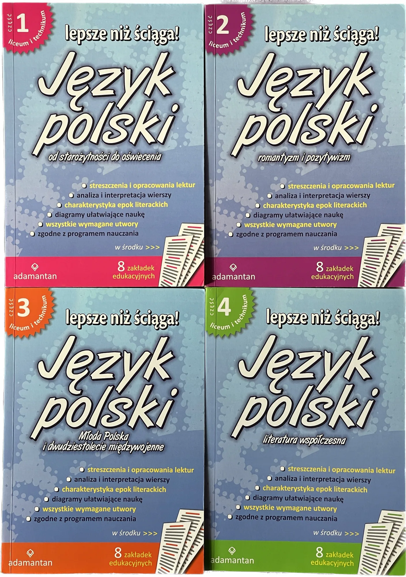 Okładka: OPRACOWANIA omówienia ściąga język polski liceum 4 sztuki komplet